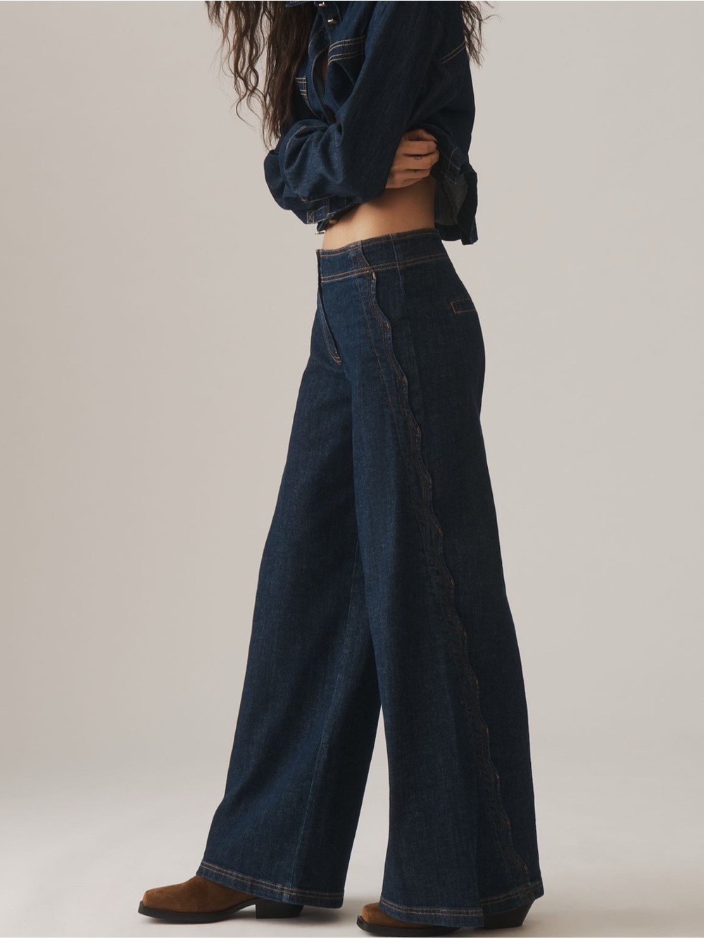 Maeve Anthropologie Scallop-Edge High Rise Wide Leg Jeans in Dark Denim size 27